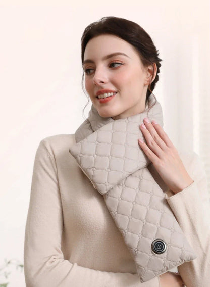 Cozy electric heated scarf with 3 adjustable heat settings for outdoor use in black and beige colors