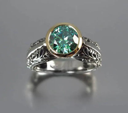 Gold-plated flower-shaped vintage ring with colour separation in green silver on alloy base