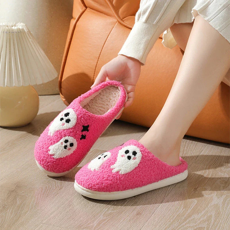Cozy Halloween ghost-themed cotton slippers for women in pink and black colors