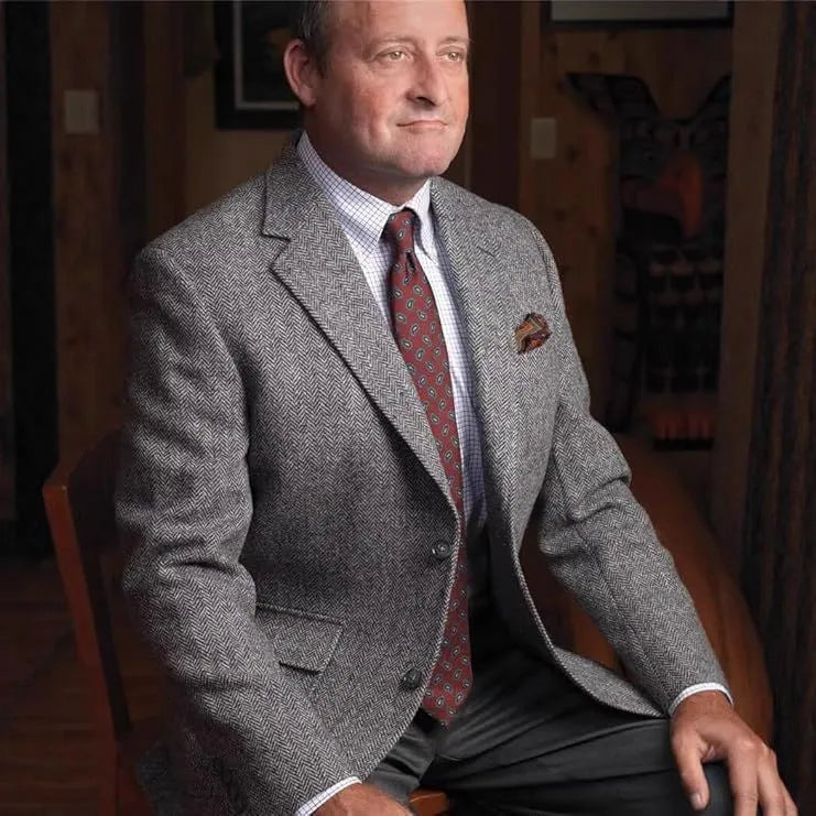 Men's single-breasted herringbone suit jacket, slim fit, brown or grey, sizes XS to 6XL