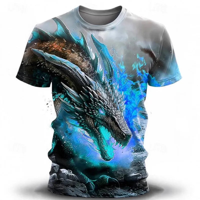 Men's black t-shirt with a detailed 3D blue and white wind dragon print across the chest.