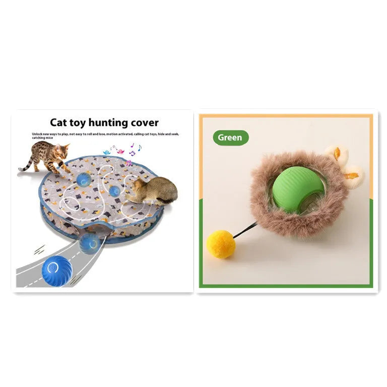 Silicone rolling ball cat toy showing red, green, and grey colour options with self-hi motion mechanism