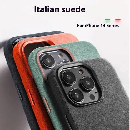 Alcantara suede magnetic phone case for Apple iPhone in black, showing frosted finish and anti-fall design.