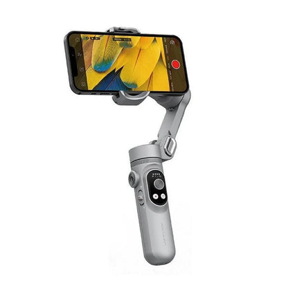 Silver grey Pro Mobile PTZ three-axis smartphone camera stabiliser gimbal with extended arm.