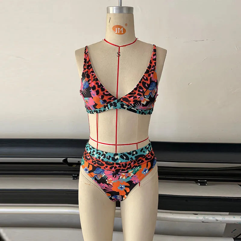 Women's high-waisted floral print bikini set in polyester fabric for swimming activities