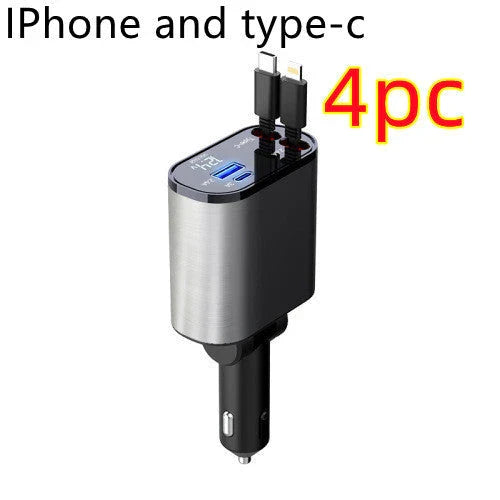 High-Speed 100W Car Charger with USB and Type-C Ports - Premium Metal Design, Fast Charging, Retractable Cable