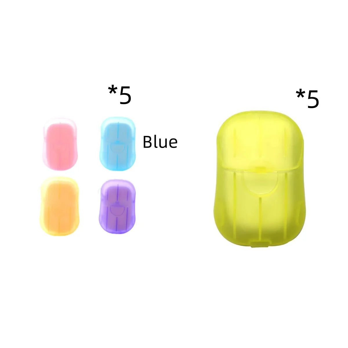 Disposable hand soap paper sheets showing 3.6x5.6cm size and multiple colour options