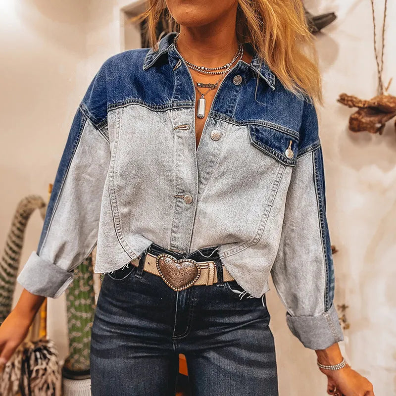 Women's loose fit denim coat with single row multi-buckle fastening in cotton fabric