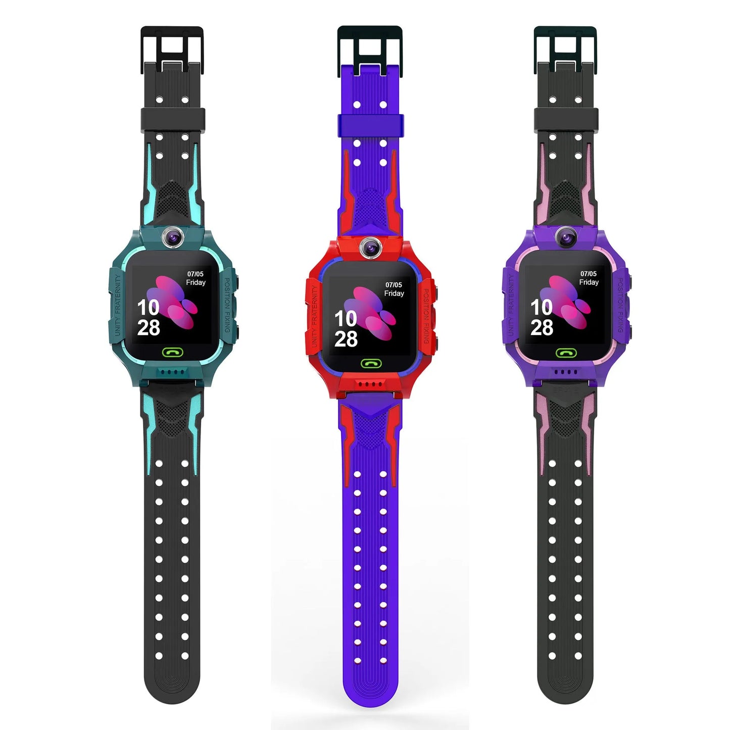 Children's smart watch with silicone wristband in pink, blue or red colour