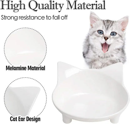 White shallow melamine pet bowl with non-slip black rubber base for cats and small dogs.