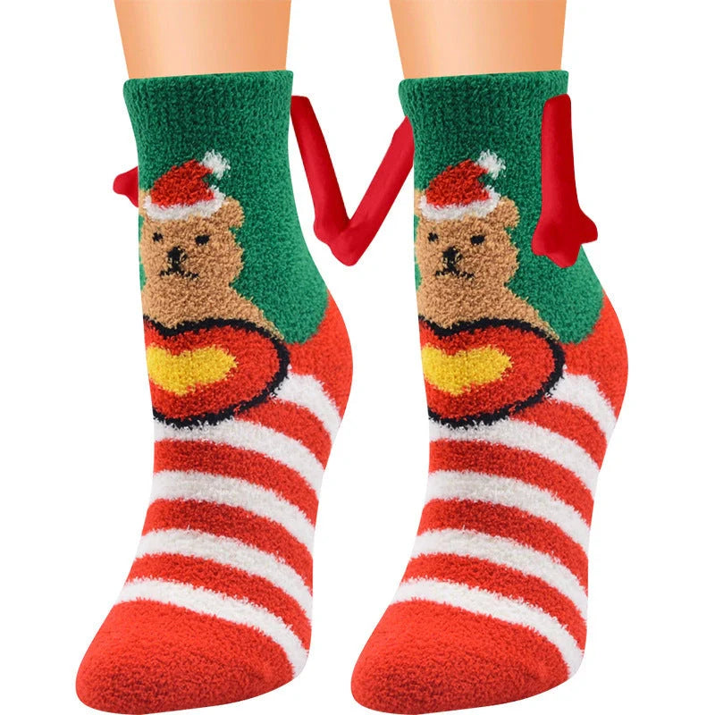 Christmas couple socks with magnetic suction feature for hand holding, in various animal patterns