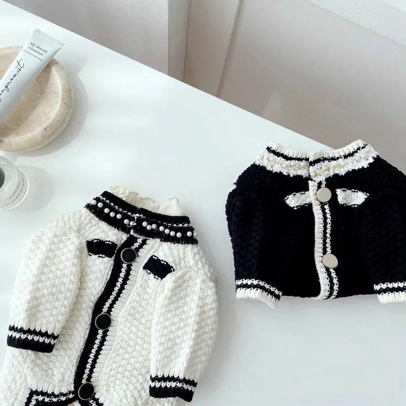 White Korean style dog sweater with pearl collar on small dog, princess cut polyester pet clothing