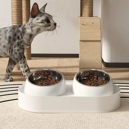 White elevated pet feeder with two tilted bowls on a non-slip base, for cat and small dog food and water.