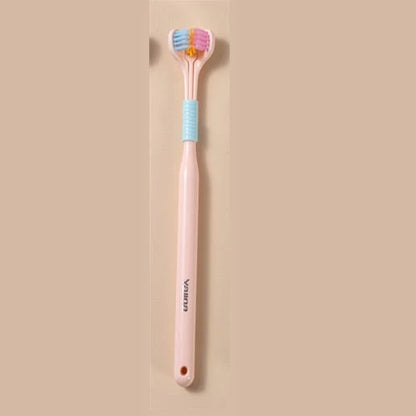 A soft bristle toothbrush with a unique triple-sided brush head for deep cleaning and customizable bristle firmness.