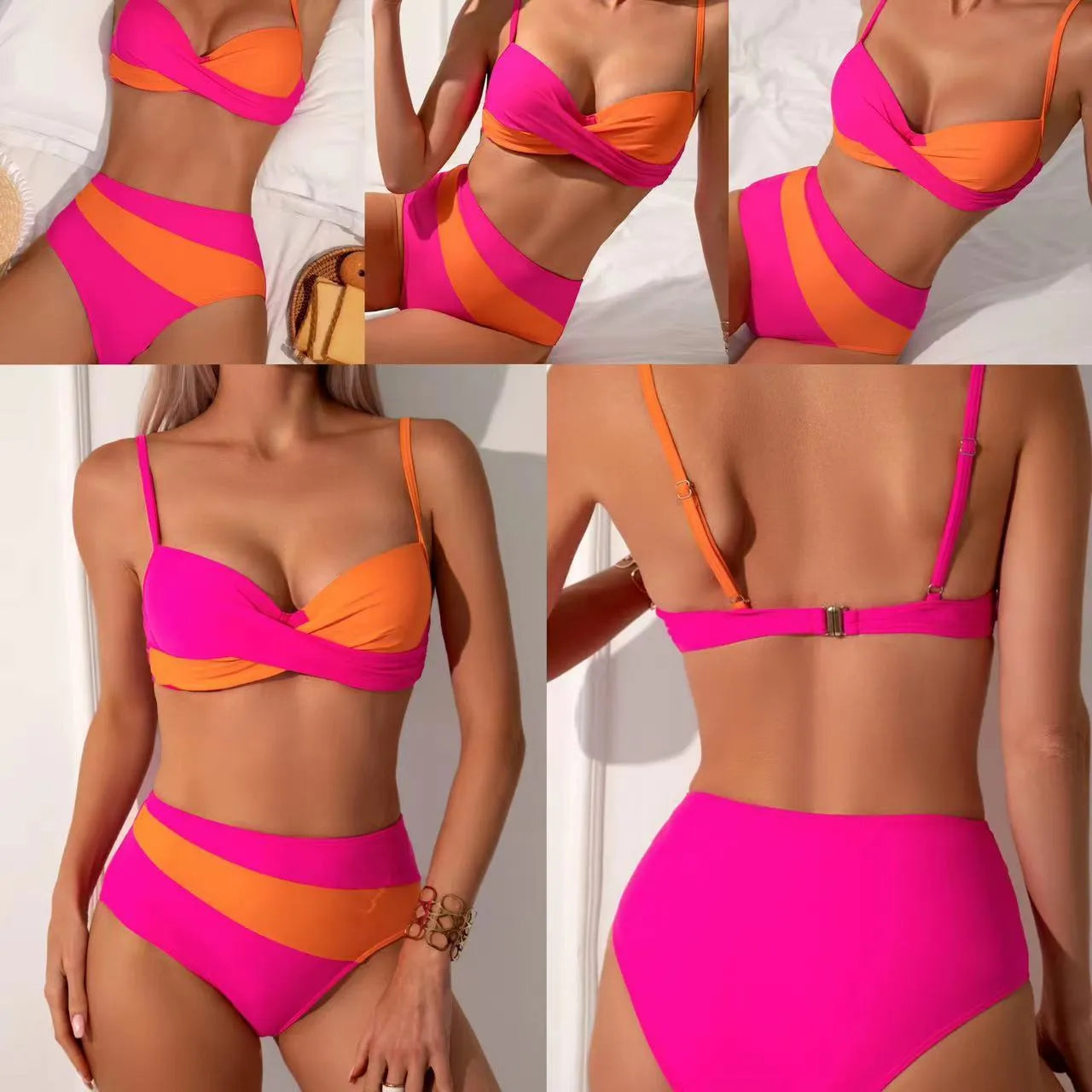 Women's orange split bikini with steel bracket underwire bra and briefs style bottoms