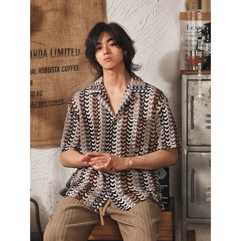 Men's Cuban Collar Shirt Japanese Style Hollow Jacquard Print Short Sleeve Summer Shirt for Plus Size Men, Slim Fit Fleece-Lined Polyester Fabric in Grey or Red Colour, Available Sizes M L XL 2XL 3XL 4XL