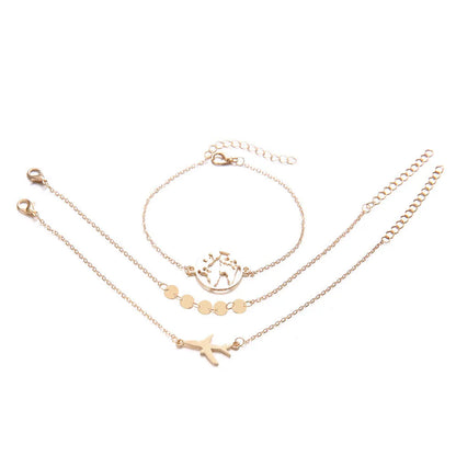Three alloy charm bracelets with heart-shaped bohemian aircraft map designs, colour Sku2104.