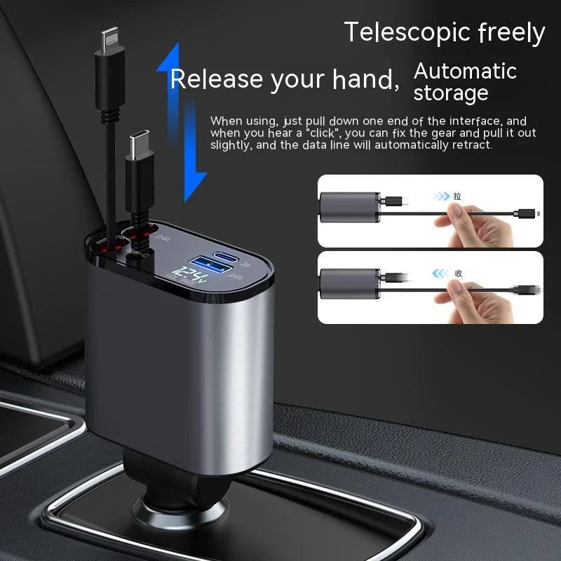 High-Speed 100W Car Charger with USB and Type-C Ports - Premium Metal Design, Fast Charging, Retractable Cable