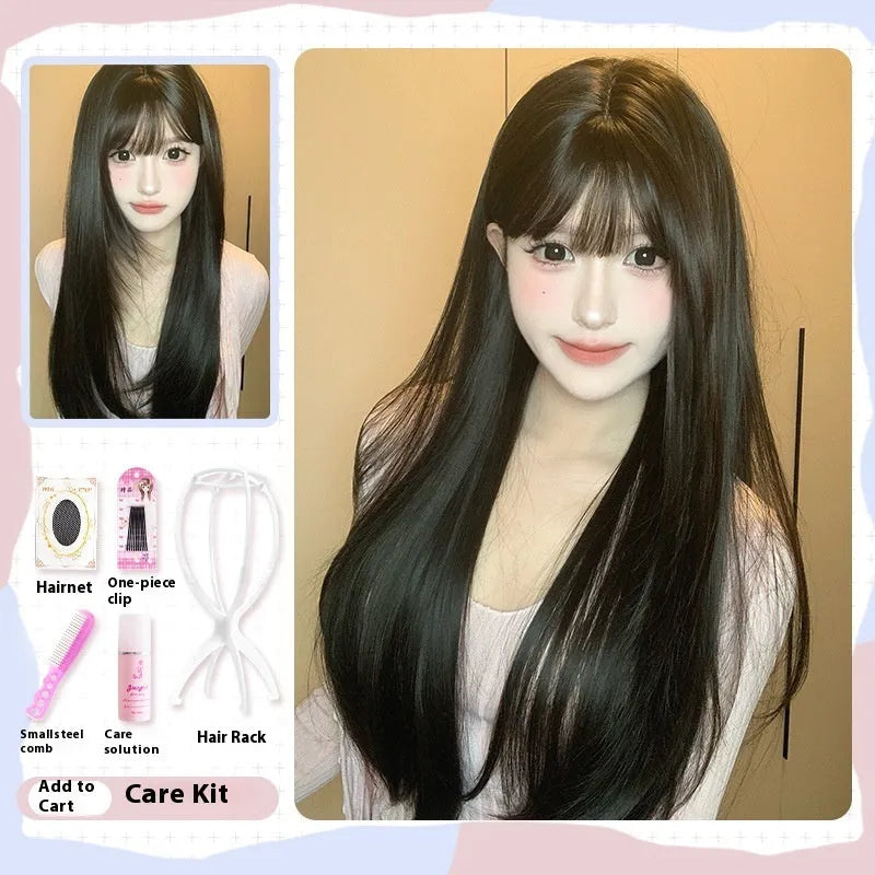 Dark brown long straight synthetic wig with fringe on a wig stand.