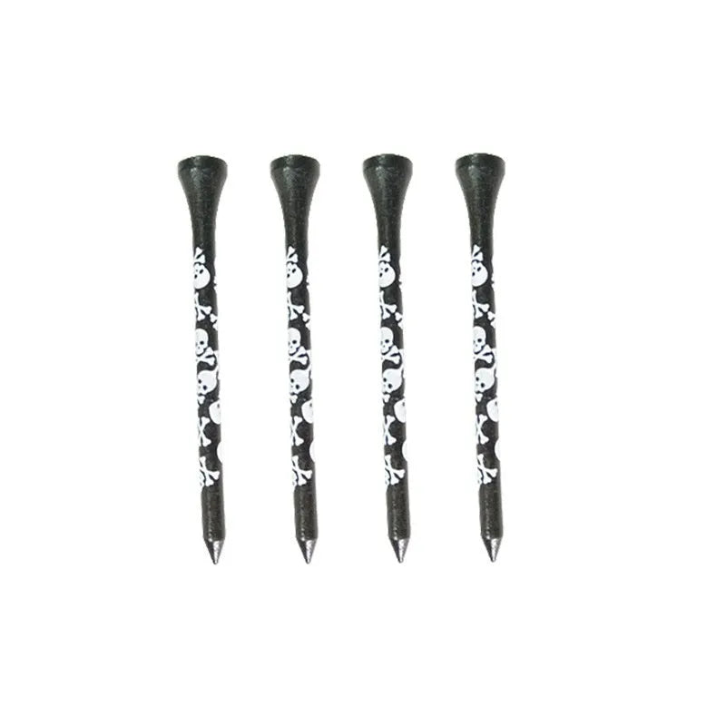 Ten black bamboo dowel pins with skull print for golf tees, showing 70mm and 83mm length options.