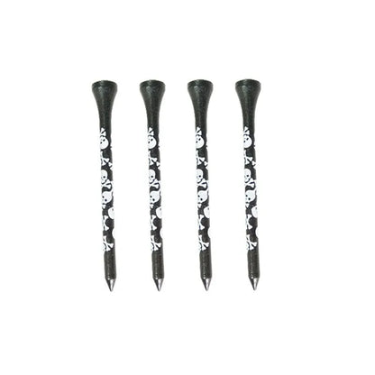 Ten black bamboo dowel pins with skull print for golf tees, showing 70mm and 83mm length options.
