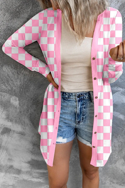 Women's long plaid knitted cardigan coat in polyester fabric with regular sleeves