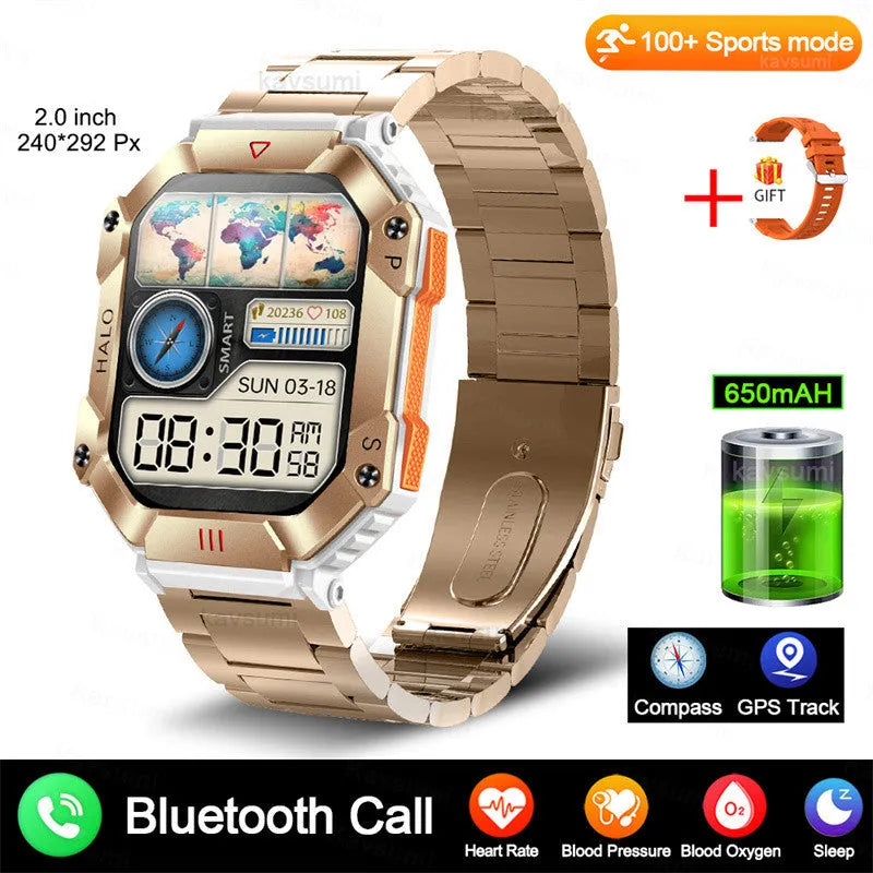 Android GPS smart watch for women with a titanium alloy case shown on a wrist, featuring a resin dial and a black camouflage strap.