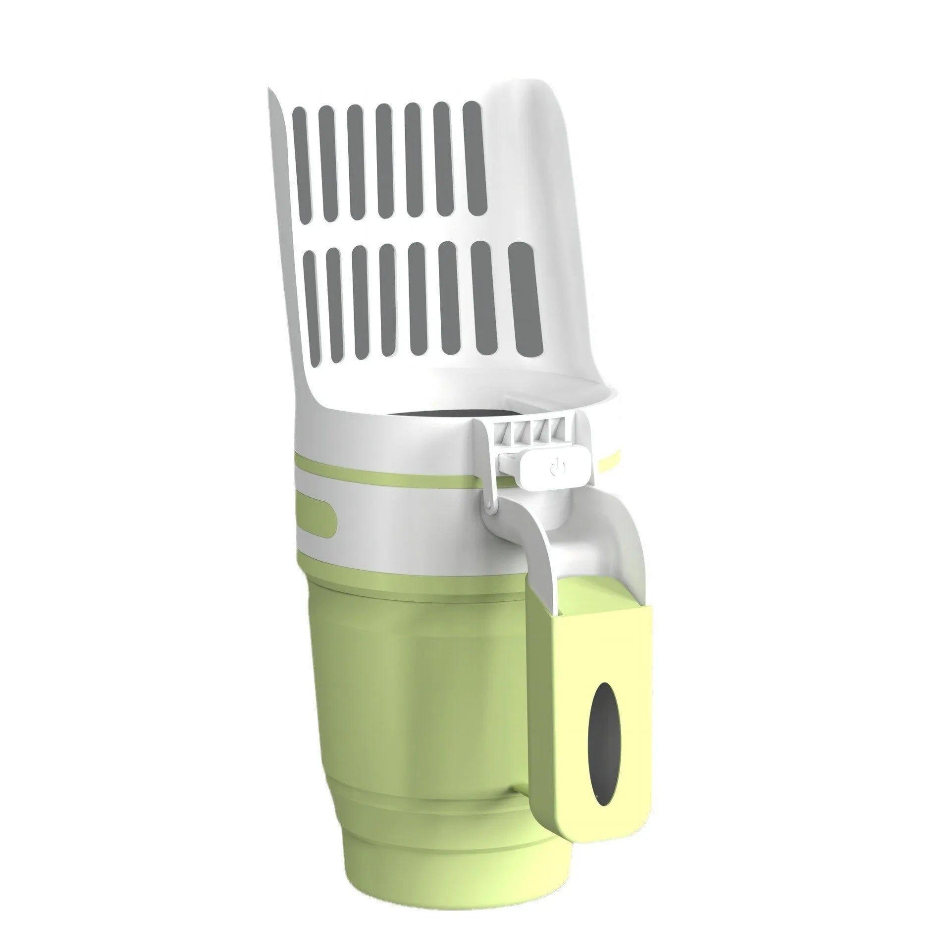 Grey, blue, or green pet litter scoop with attached waste collection bin and foldable bottom