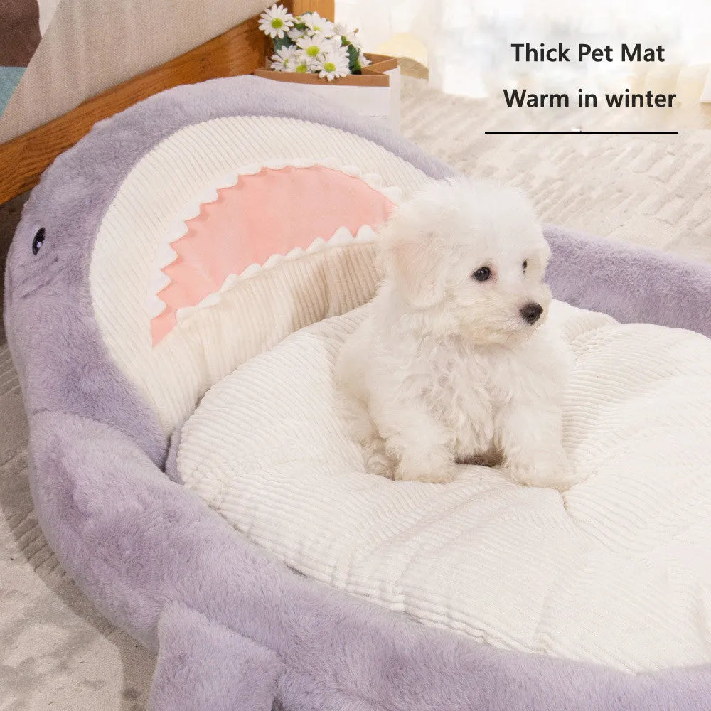 Blue shark pattern velvet pet bed cushion for small dog on wooden floor