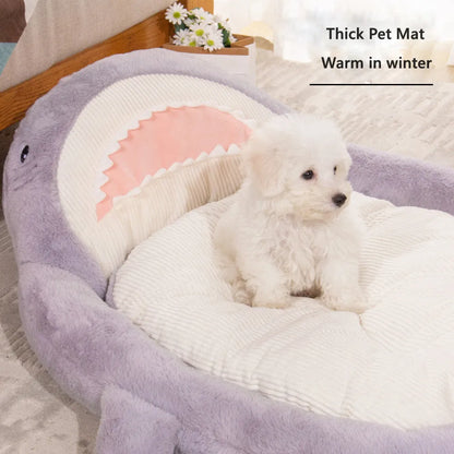 Blue shark pattern velvet pet bed cushion for small dog on wooden floor