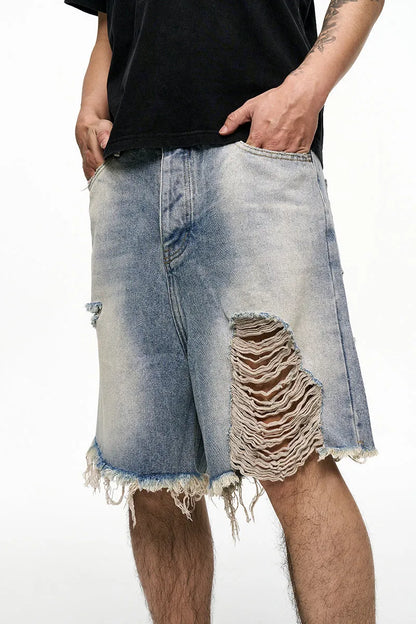 Men's light blue baggy denim shorts with retro washed finish and wide leg cut
