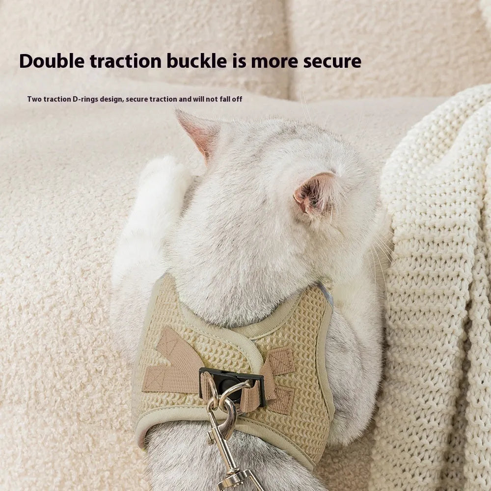 Brown waffle-weave cat chest harness with adjustable straps shown on model