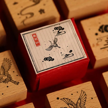 Mr. Paper wooden seal stamp with hand-carved rubber crane design for DIY printing