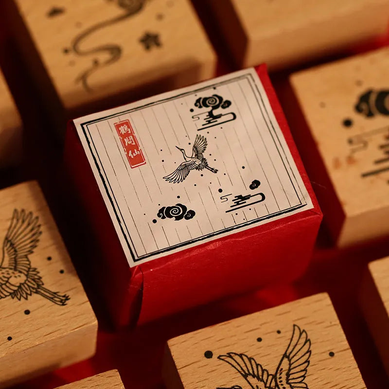 Wooden seal stamp set, Mr. Paper Huahegui series, DIY printing stamp stationery, hand-carved rubber stamp, Chinese cultural theme stamps, includes 4 colour designs: Crane Asking the Immortal, Crane Leaf Dance, Crane on the Moon, Crane in the Cloud.