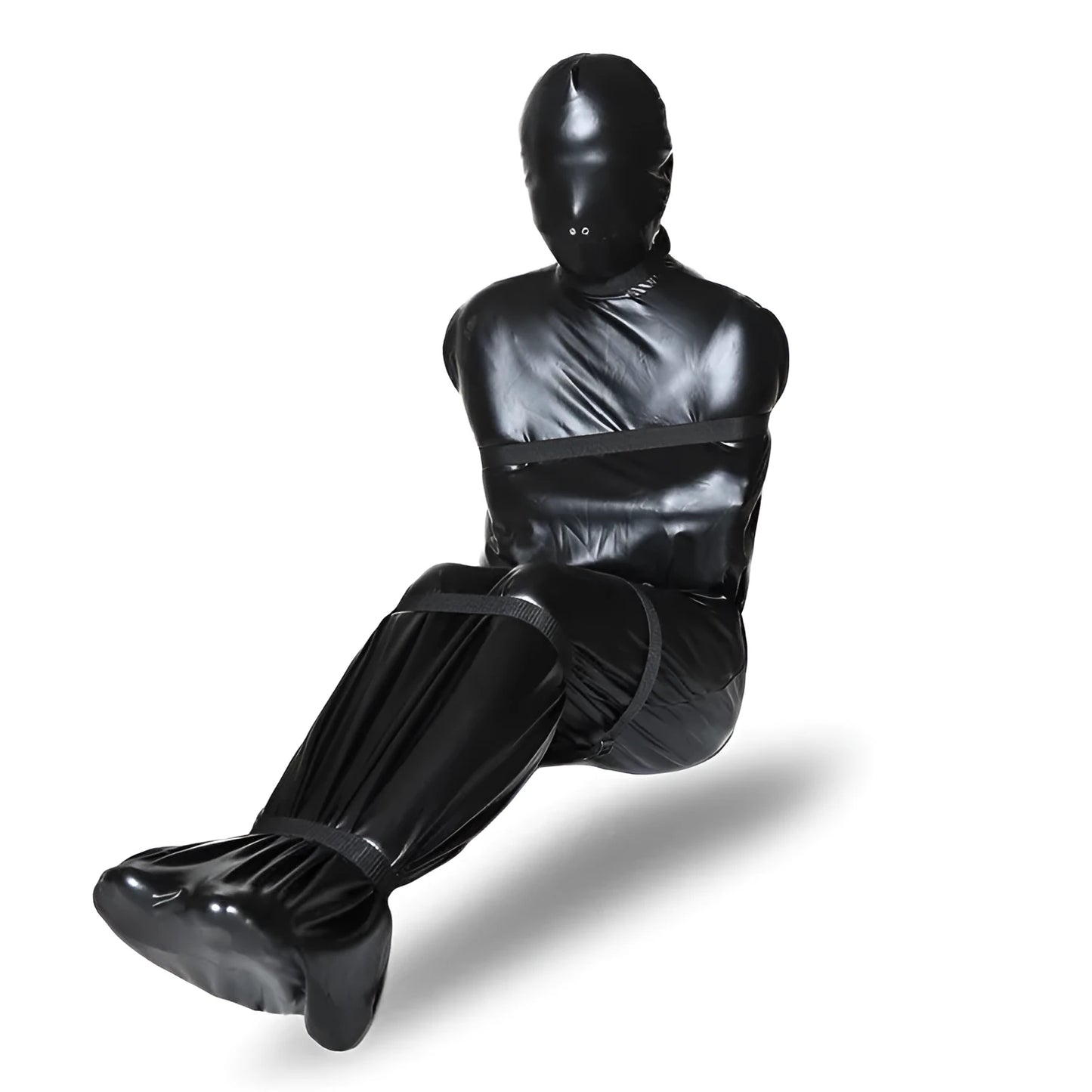 Black patent leather bondage harness set with six ratchet tie-down straps arranged for display