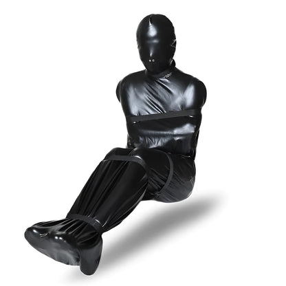 Black patent leather bondage harness set with six ratchet tie-down straps arranged for display
