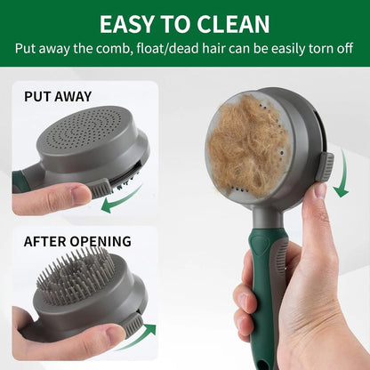 Green and pink dual-sided pet brush showing slicker pins and silicone massage nubs on a wooden table.