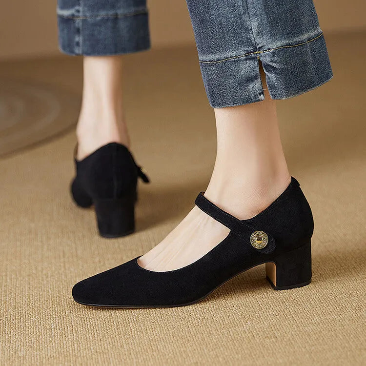 Women's dark green suede Mary Jane shoes with a chunky heel and square toe.