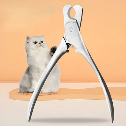Silver professional pet nail clipper with stainless steel blades and finger grip handle for dog and cat grooming