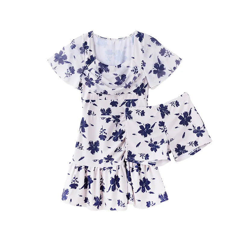 Women's mesh short sleeve swimming dress in Summer White colour with briefs style lower garment