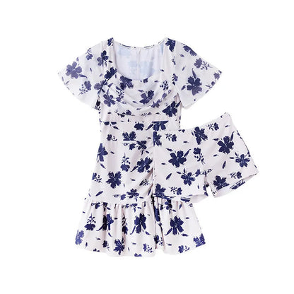 Women's mesh short sleeve swimming dress in Summer White colour with briefs style lower garment