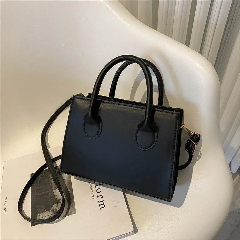 Women's small square PU leather shoulder bag in five colour options showing retro street styling