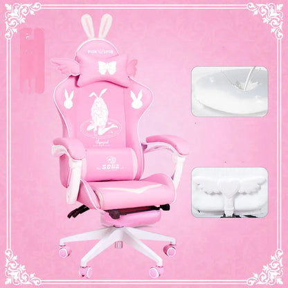 Goddess gaming chair in black or white artificial leather with fixed armrests and optional footrest