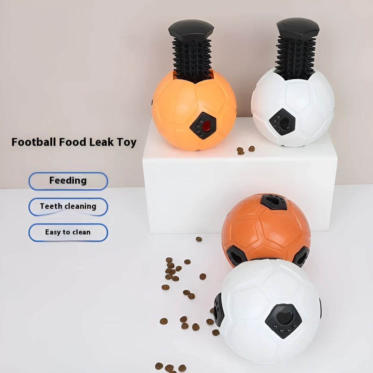 Orange and white TPR rubber dog chew ball toy, shown in hollow and teeth cleaning stick styles.