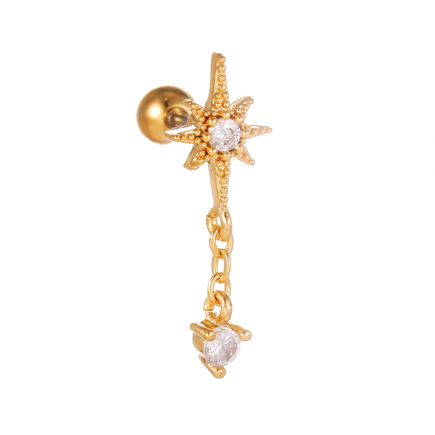 Stylish Star Moon Cubic Zirconia Cartilage Earring in gold and white