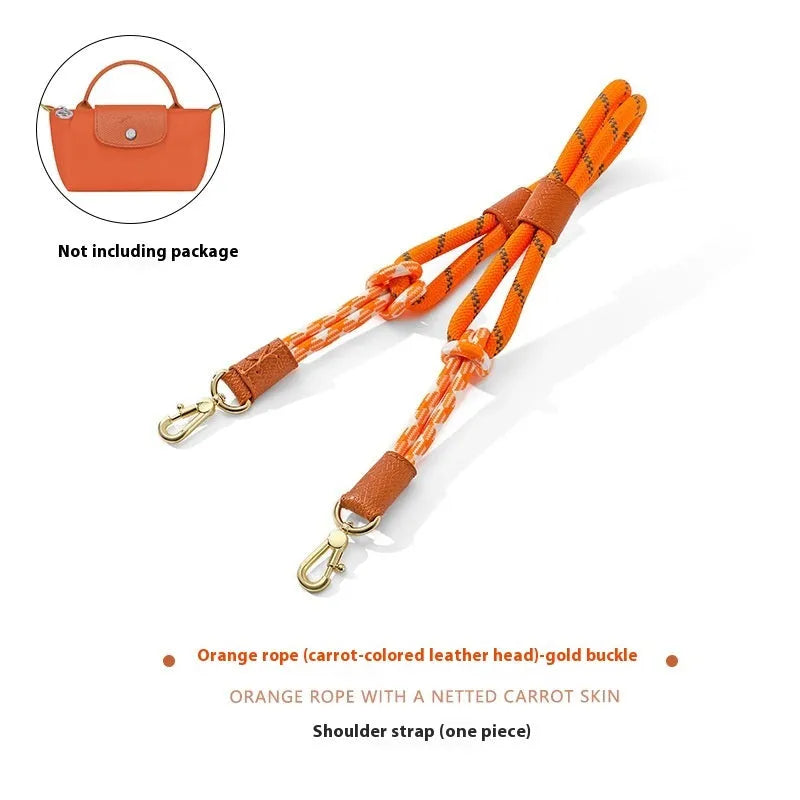Braided rope and leather shoulder strap with a metal buckle in gold or silver finish