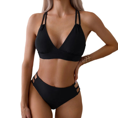 Women's nylon V-neck halter bikini swimsuit in a choice of six colours
