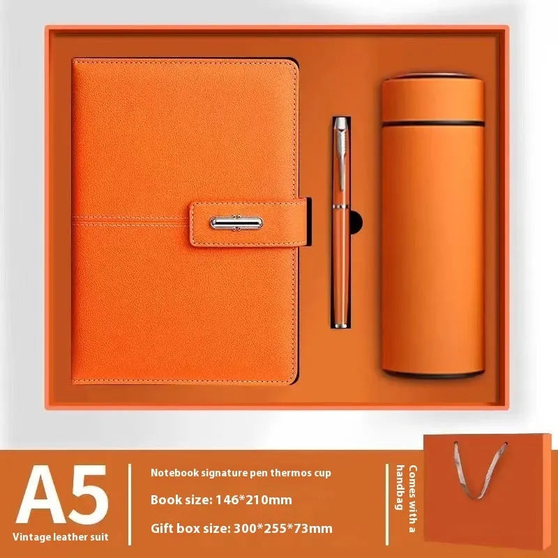 A5 notebook with imitation leather cover in colour options including black, red, green, blue, and orange.