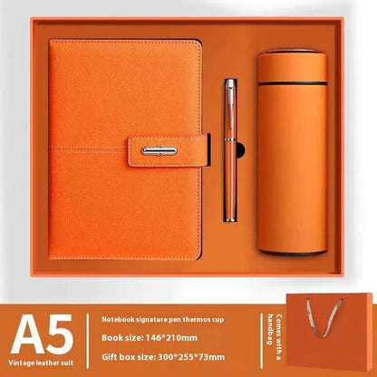 A5 notebook with imitation leather cover in colour options including black, red, green, blue, and orange.
