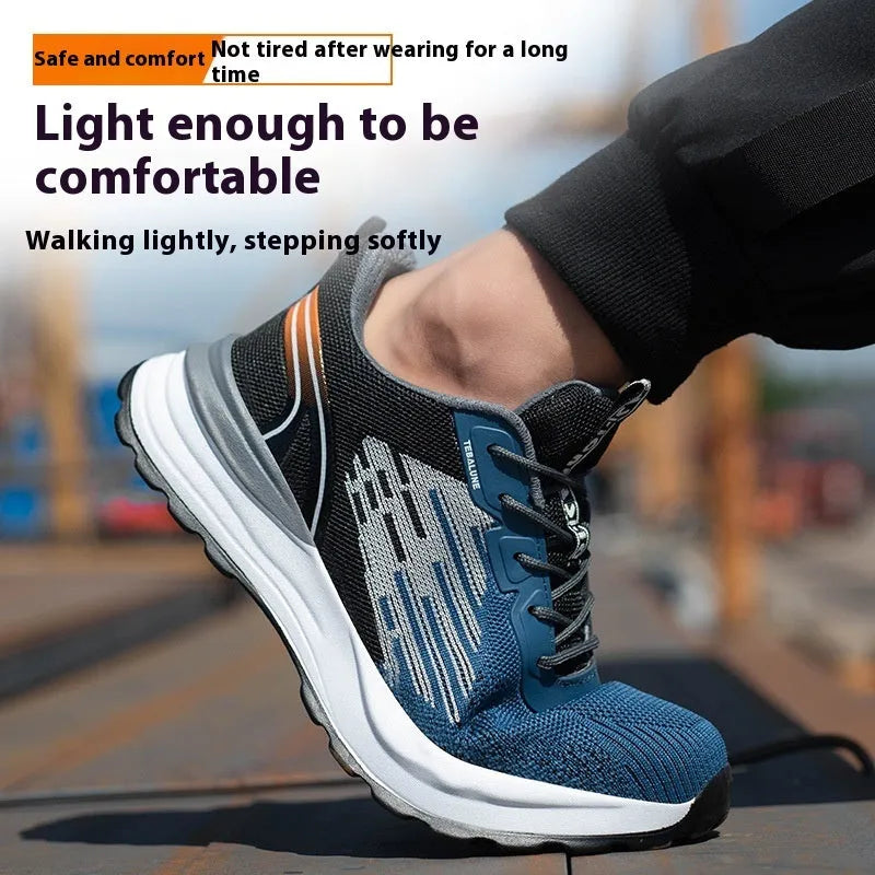 Blue men's low-top safety work shoes with plastic toe cap and breathable Flyknit mesh upper.